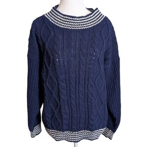 Vintage Paris Sports Club Cable Knit Sweater Navy Blue Striped Trim Cotton Sz L